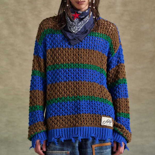 【Andersson Bell】 UNISEX DAMAGED BOATNECK SWEATER 2色 Andersson Bell Unisex Damaged Stripe Boatneck Sweater Blue