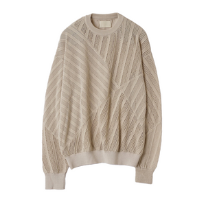 Yoke Cotton Mesh Stripe Crewneck Sweater Ivory