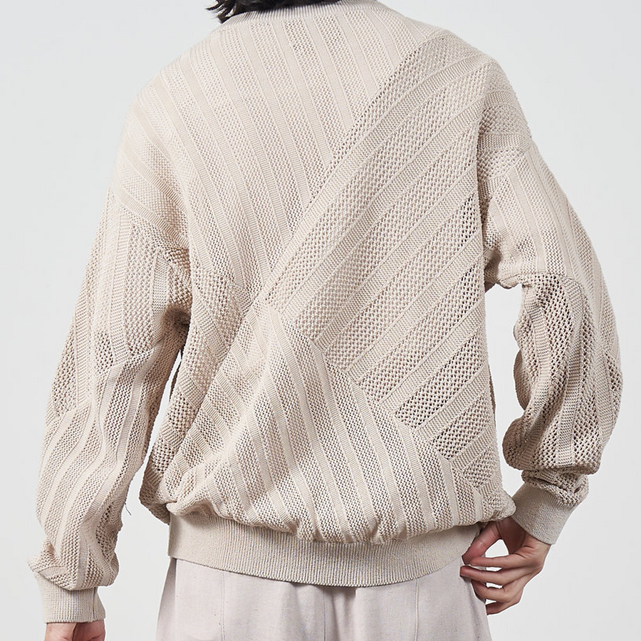 Yoke Cotton Mesh Stripe Crewneck Sweater Ivory
