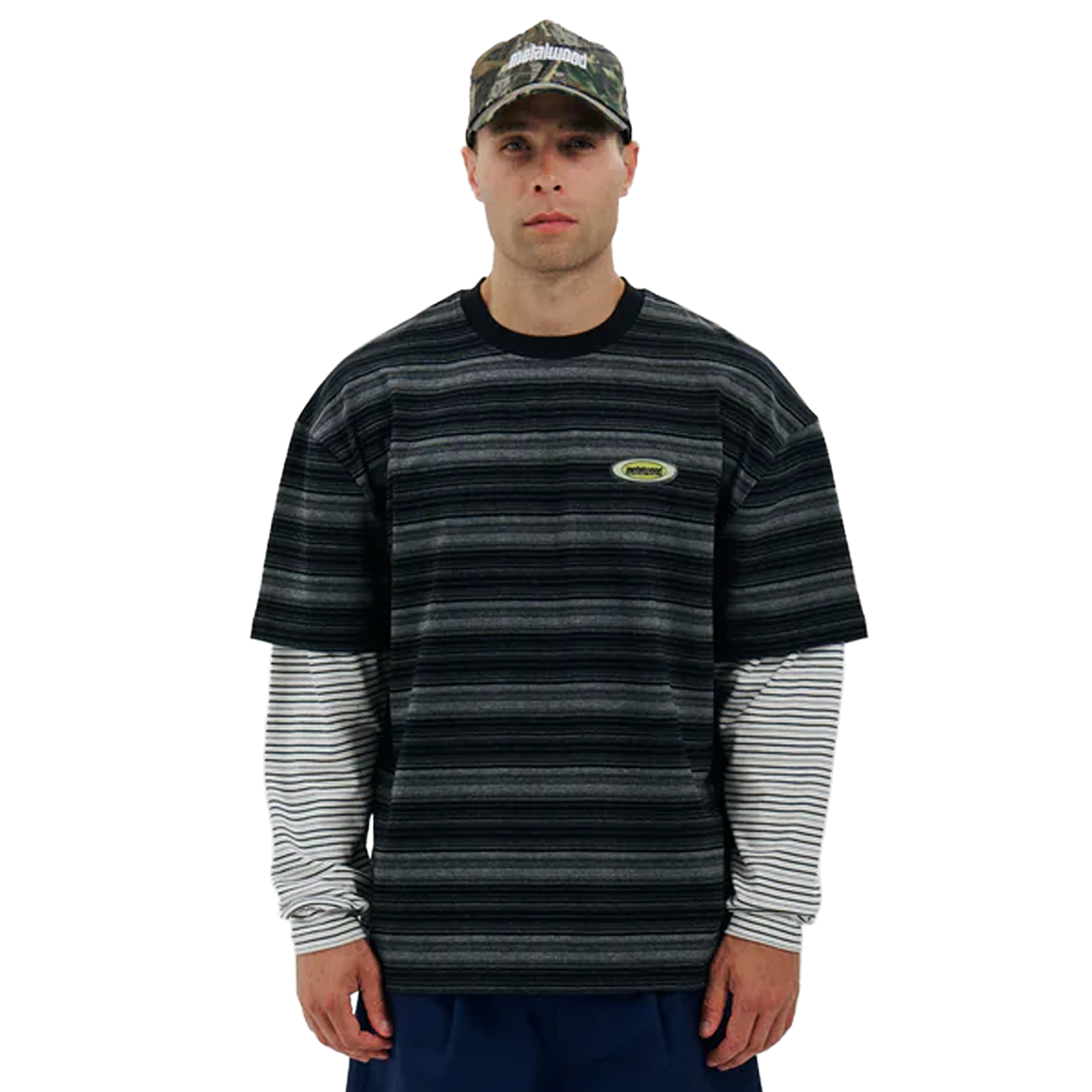 Metalwood Double Layer Striped T-Shirt Black