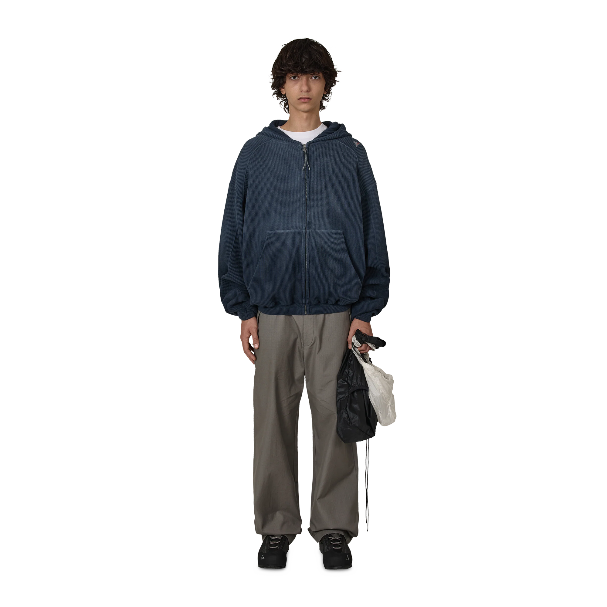 ROA Bee Sun Faded Organic Waffle Zip Up Hoodie Navy