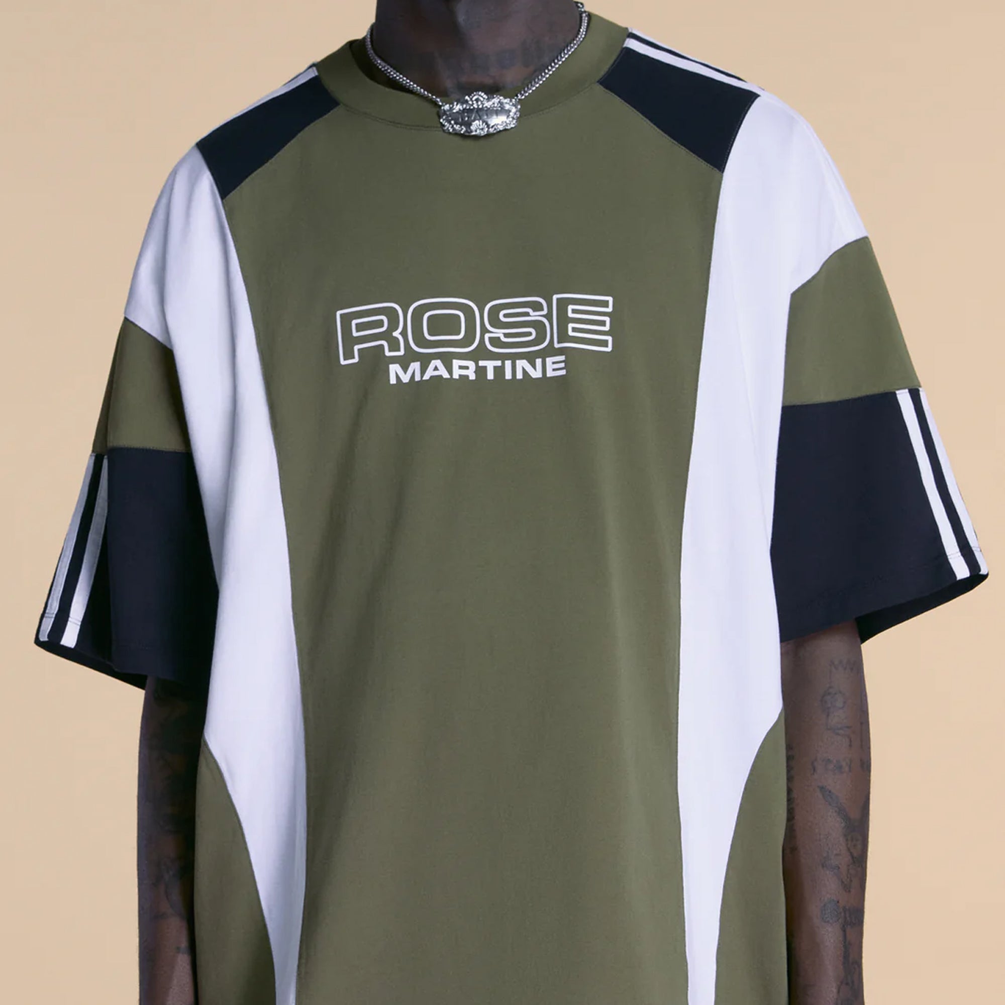 Martine Rose Oversized Panelled T-Shirt Green Khaki Rose Outline