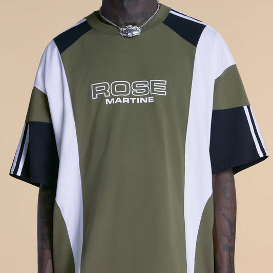 Martine Rose Oversized Panelled T-Shirt Green Khaki Rose Outline