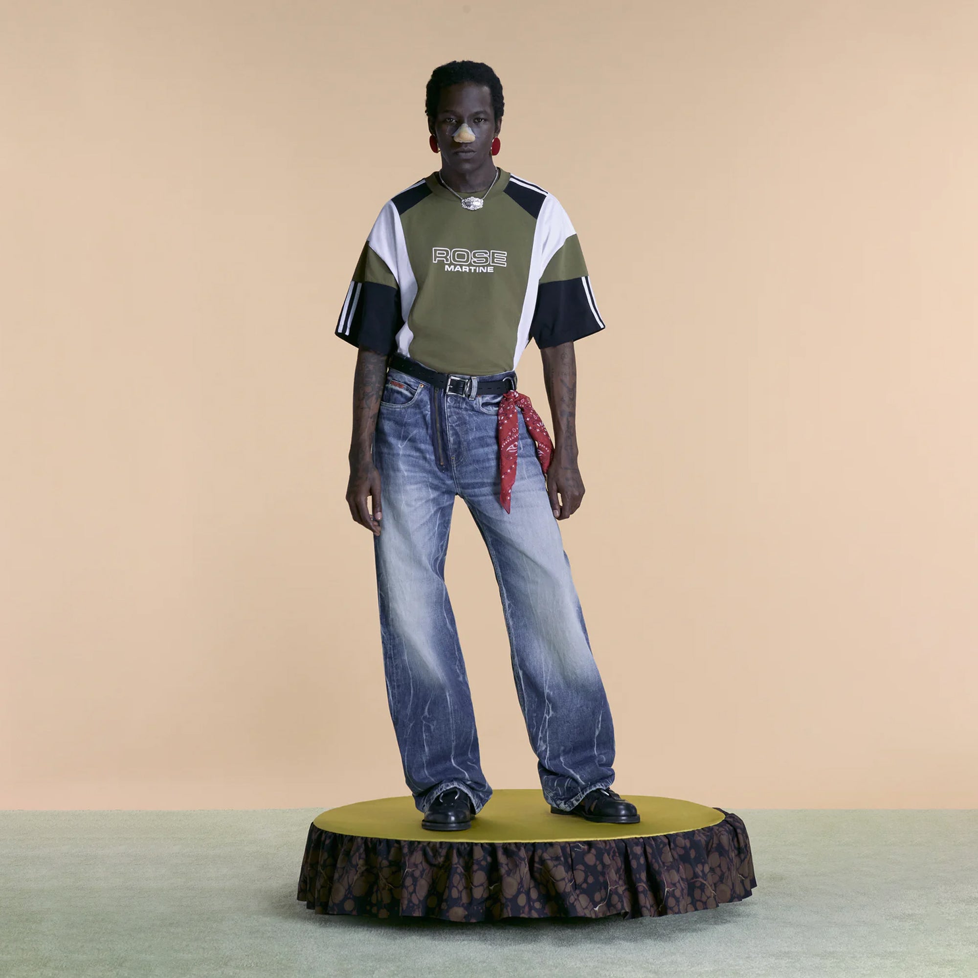 Martine Rose Oversized Panelled T-Shirt Green Khaki Rose Outline