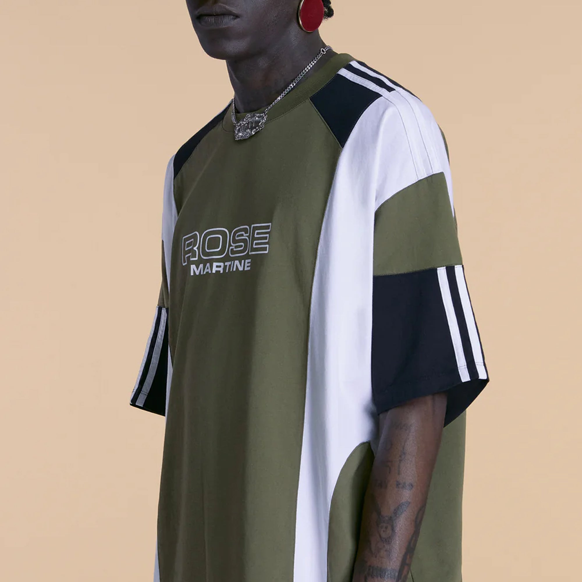 Martine Rose Oversized Panelled T-Shirt Green Khaki Rose Outline