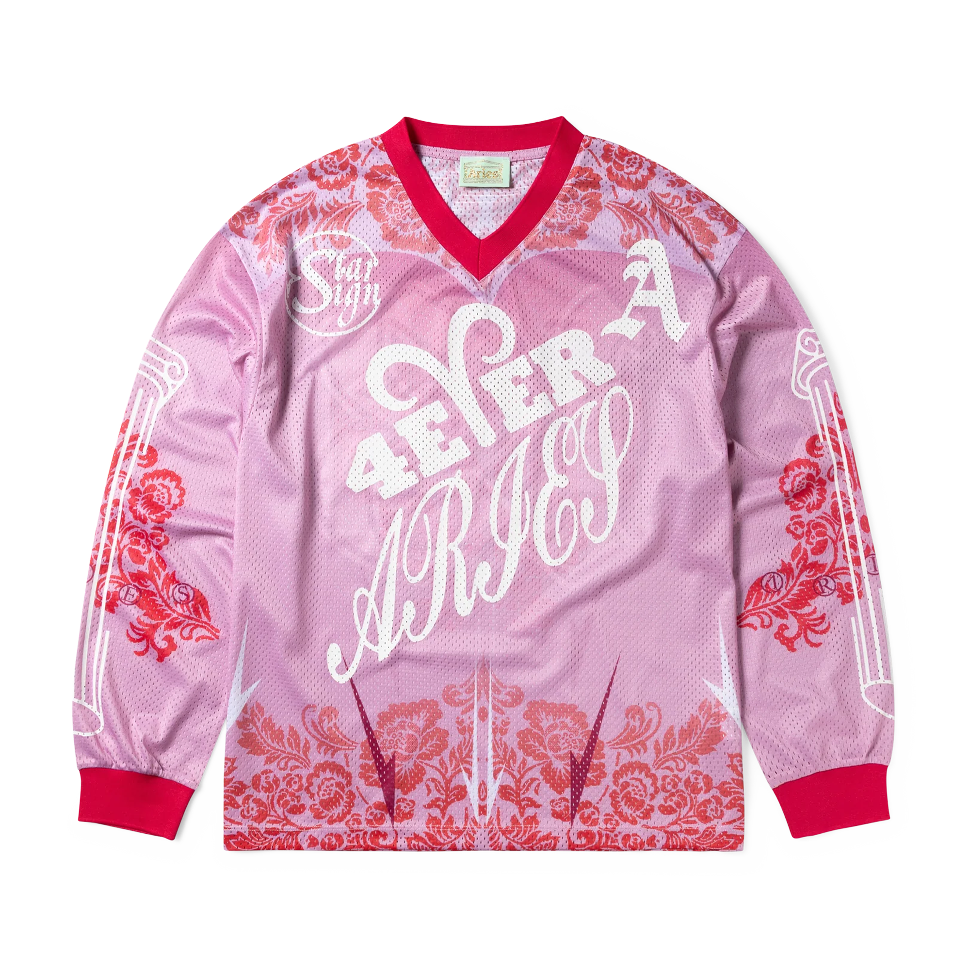 Aries Graphic Gothic Lace Airtex Long Sleeve T-Shirt Pink