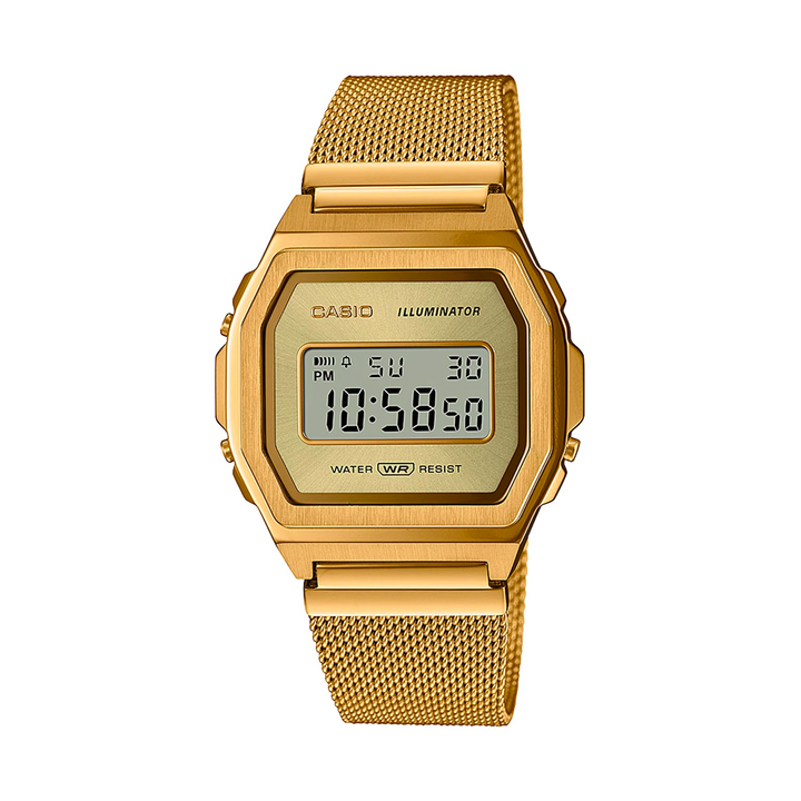 Casio | Vintage Premium Alarm | Gold Face/Gold Band - Milanese Style | A1000MG-9E