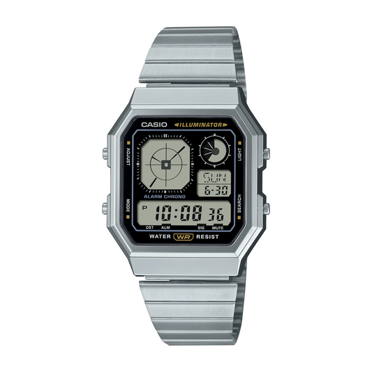 Casio Vintage Digital Stylish Octagon Blk Face/Chrome Plated A130WE-1A