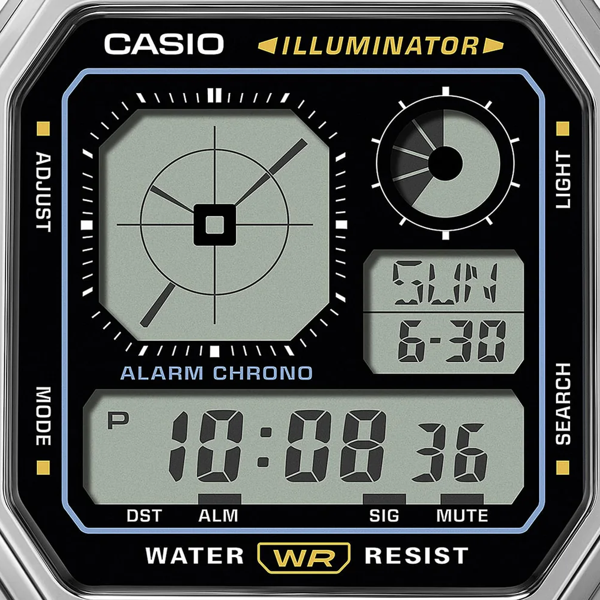 Casio Vintage Digital Stylish Octagon Blk Face/Chrome Plated A130WE-1A