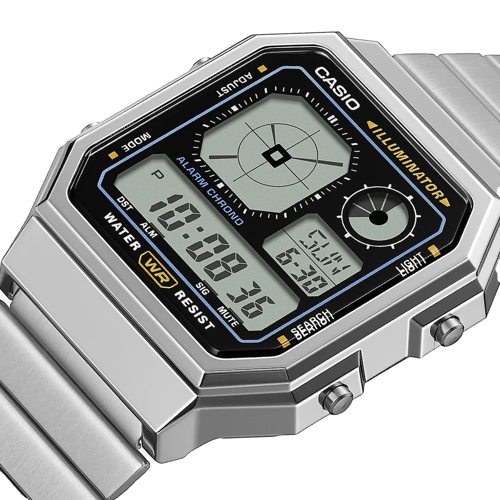 Casio Vintage Digital Stylish Octagon Blk Face/Chrome Plated A130WE-1A