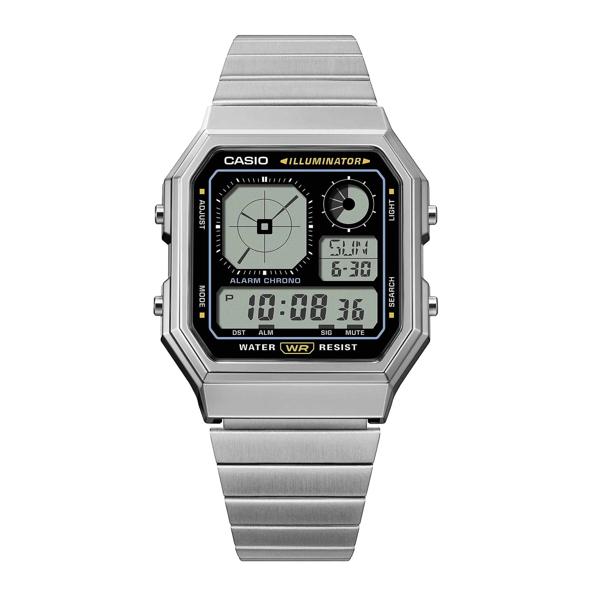Casio Vintage Digital Stylish Octagon Blk Face/Chrome Plated A130WE-1A