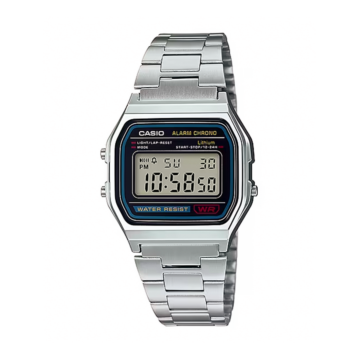 Casio | Digital Gents S/Watch | Black/ Blue Trim Face/Stainless Steel Band | A158WA-1