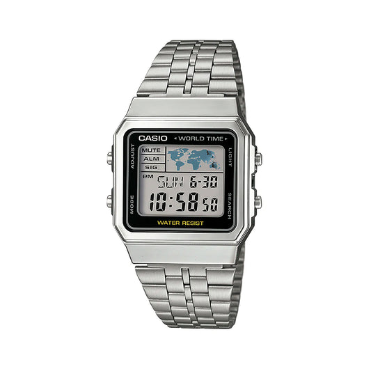 Casio Gents Digital Silver Watch/Black Trim/Stainless Steel Band A500WA-1DF
