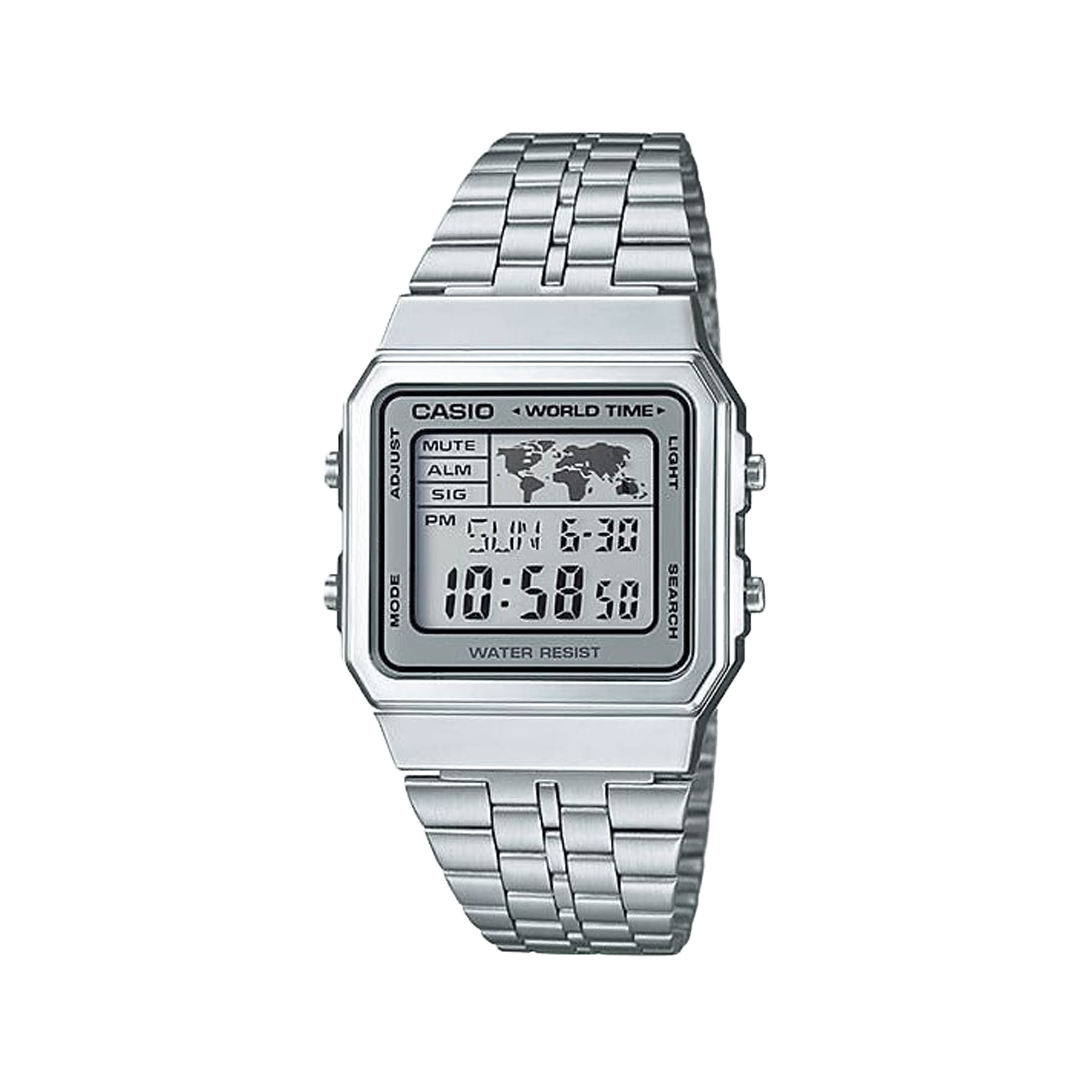 Casio Retro World Time Digital Silver A500WA-7D