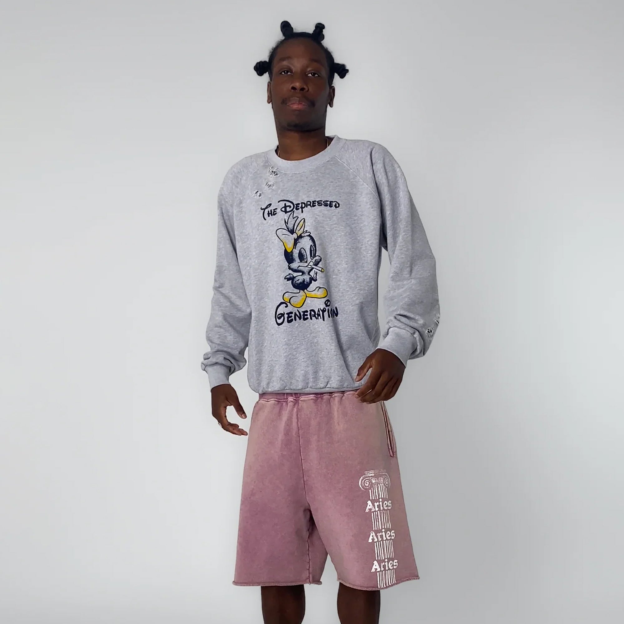 Aries Destroyed Weedie Pie Raglan Sweat Light Grey Marl AR2002103