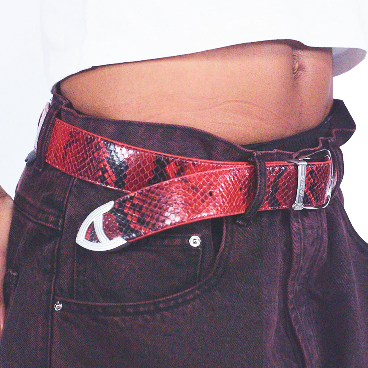 Aries Snake Print Leather Mazzo Belt Red
