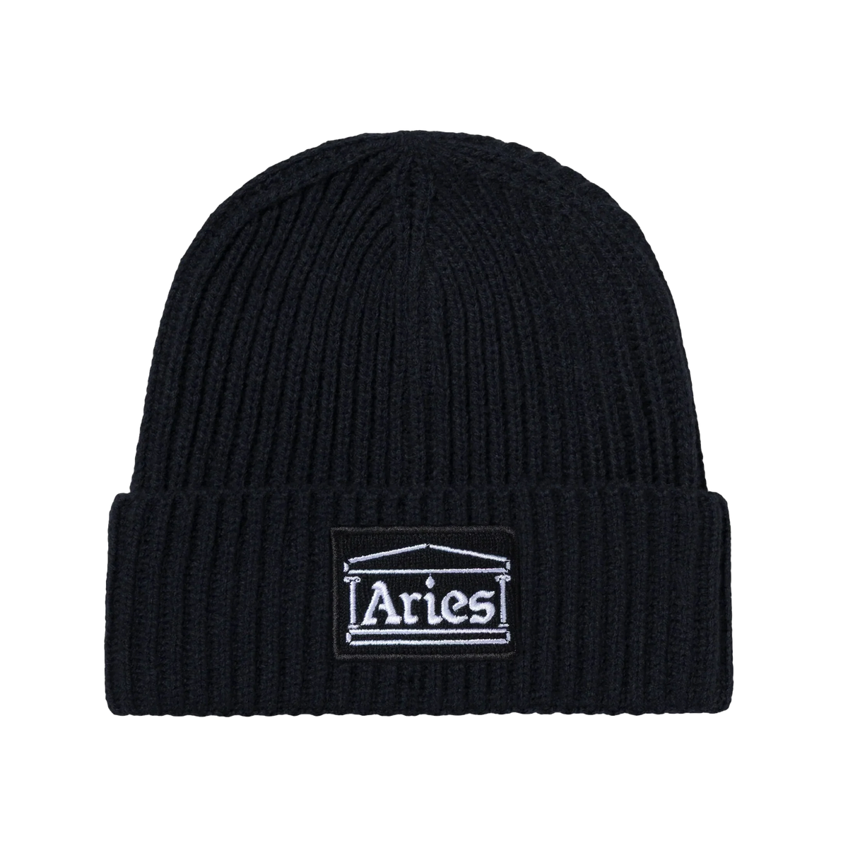 Aries Temple Patch Rib Knit Beanie Black