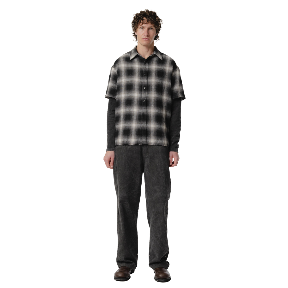 Beach Brains Long Sleeve Layer Shirt Black/Bone Plaid