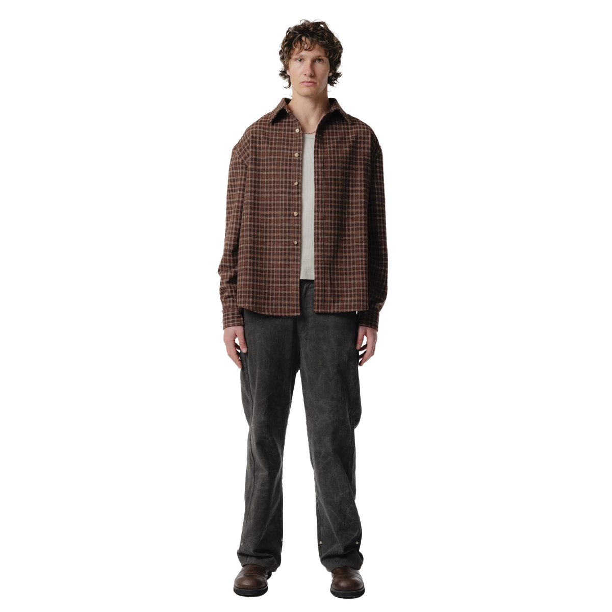 Beach Brains Drop Long Sleeve Shirt Brown Plaid
