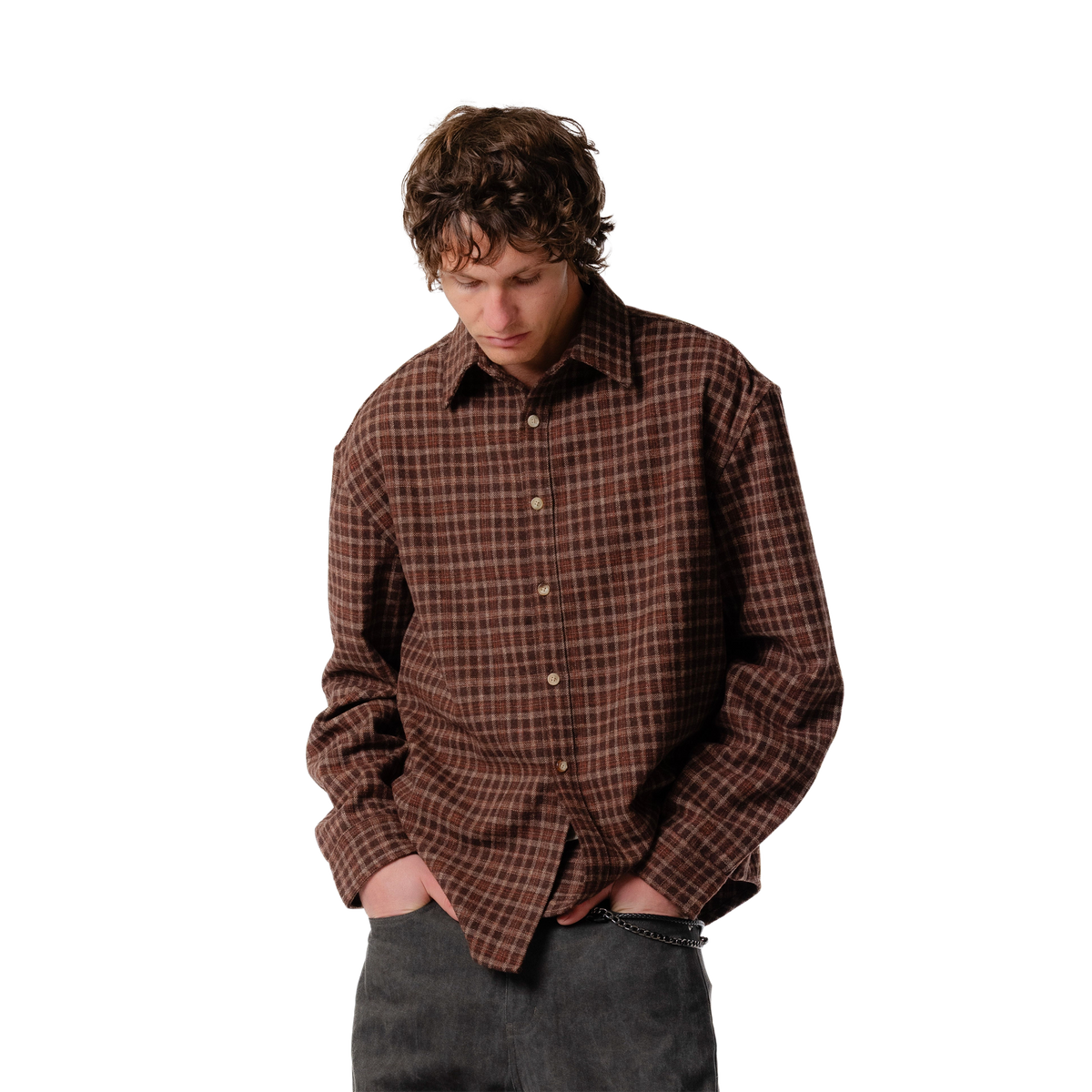 Beach Brains Drop Long Sleeve Shirt Brown Plaid