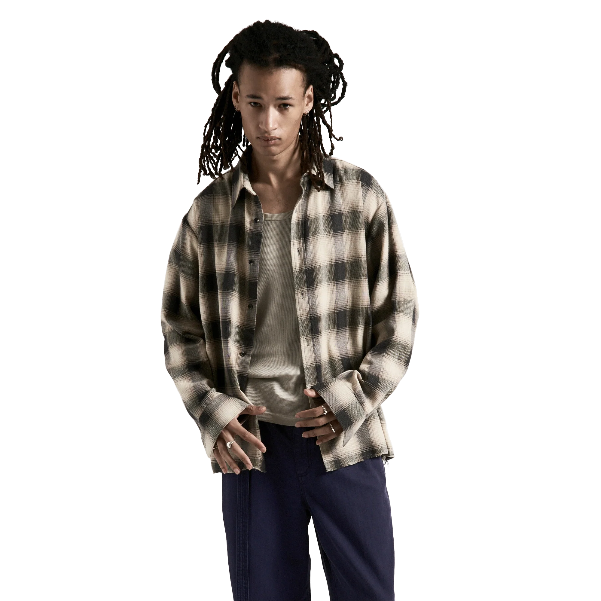 Beach Brains Hold Long Sleeve Shirt Cream/Navy Plaid