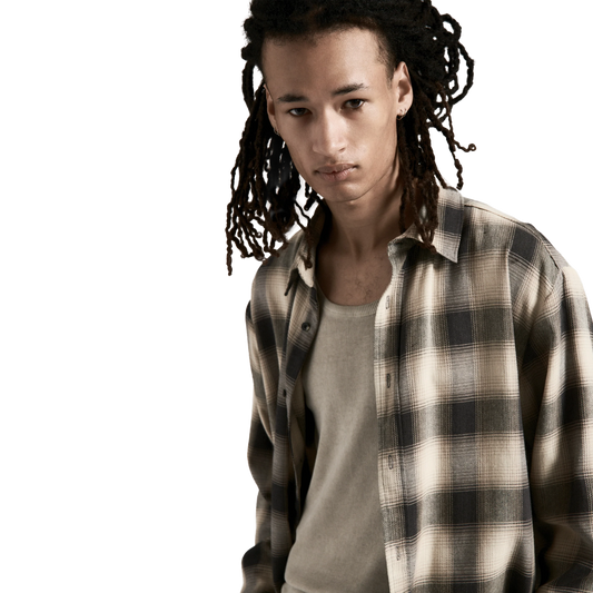 Beach Brains Hold Long Sleeve Shirt Cream/Navy Plaid