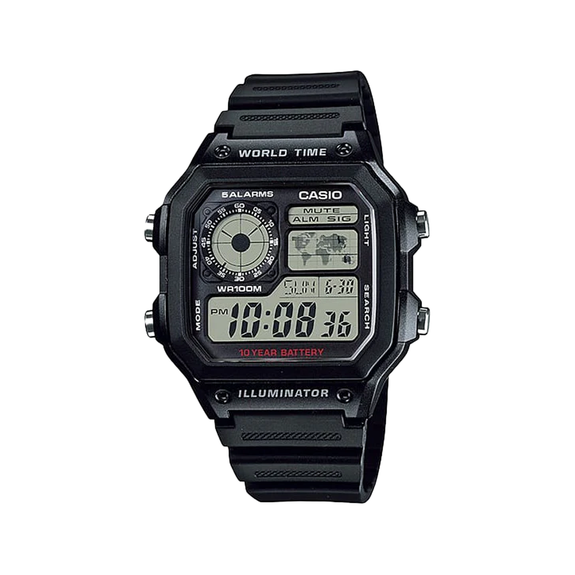 Casio Auto Illum 10yr Batt Black Resin Band AE1200WH-1A
