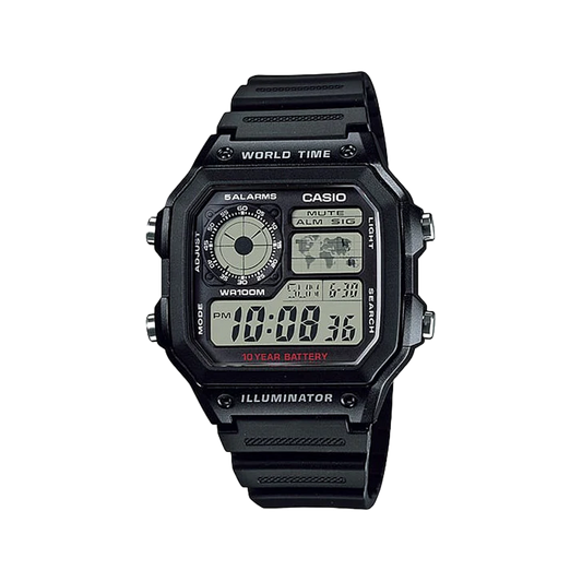 Casio Auto Illum 10yr Batt Black Resin Band AE1200WH-1A