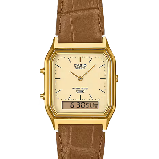 Casio Vintage Analogue Digital Gold Case/Brown  Leather AQ-230EGL-9ADF