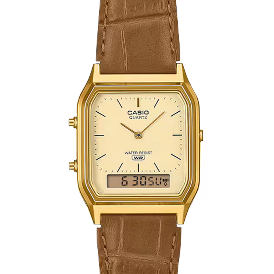 Casio Vintage Analogue Digital Gold Case/Brown  Leather AQ-230EGL-9ADF
