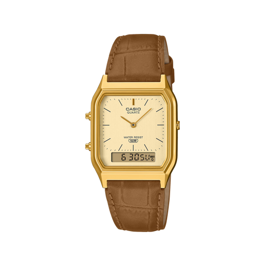 Casio Vintage Analogue Digital Gold Case/Brown  Leather AQ-230EGL-9ADF