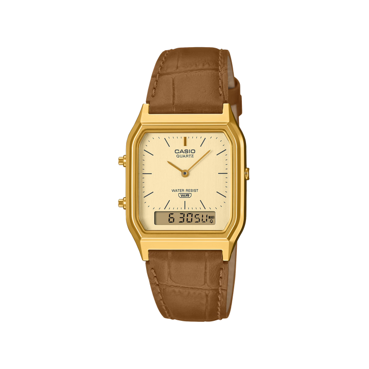 Casio Vintage Analogue Digital Gold Case/Brown  Leather AQ-230EGL-9ADF