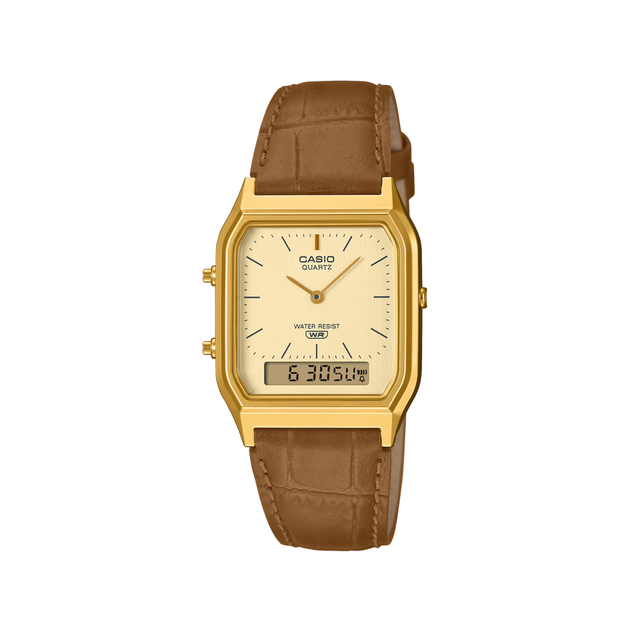 Casio Vintage Analogue Digital Gold Case/Brown  Leather AQ-230EGL-9ADF
