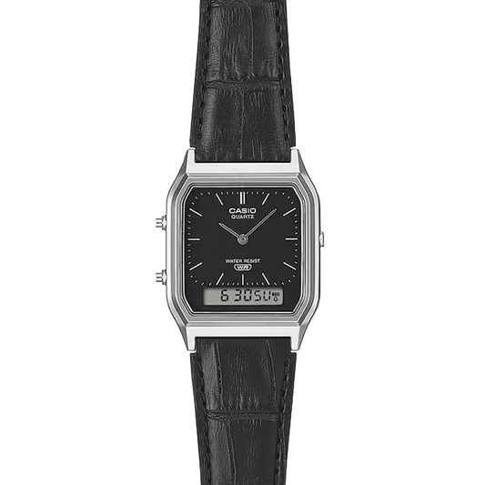 Casio Vintage Analogue Digital Silver Case/Black Leather AQ-230EL-1ADF