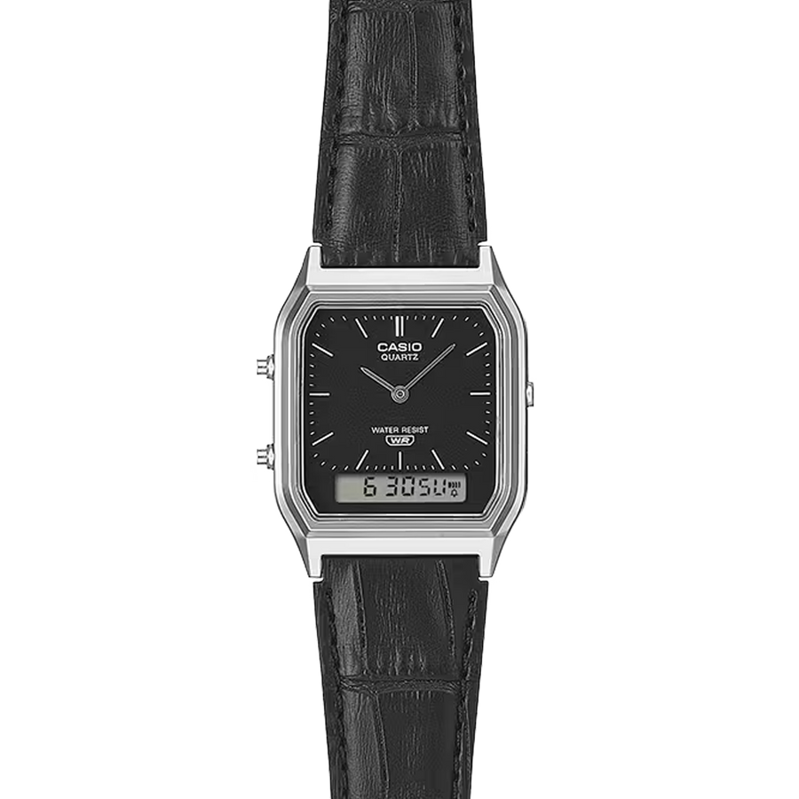 Casio Vintage Analogue Digital Silver Case/Black Leather AQ-230EL-1ADF