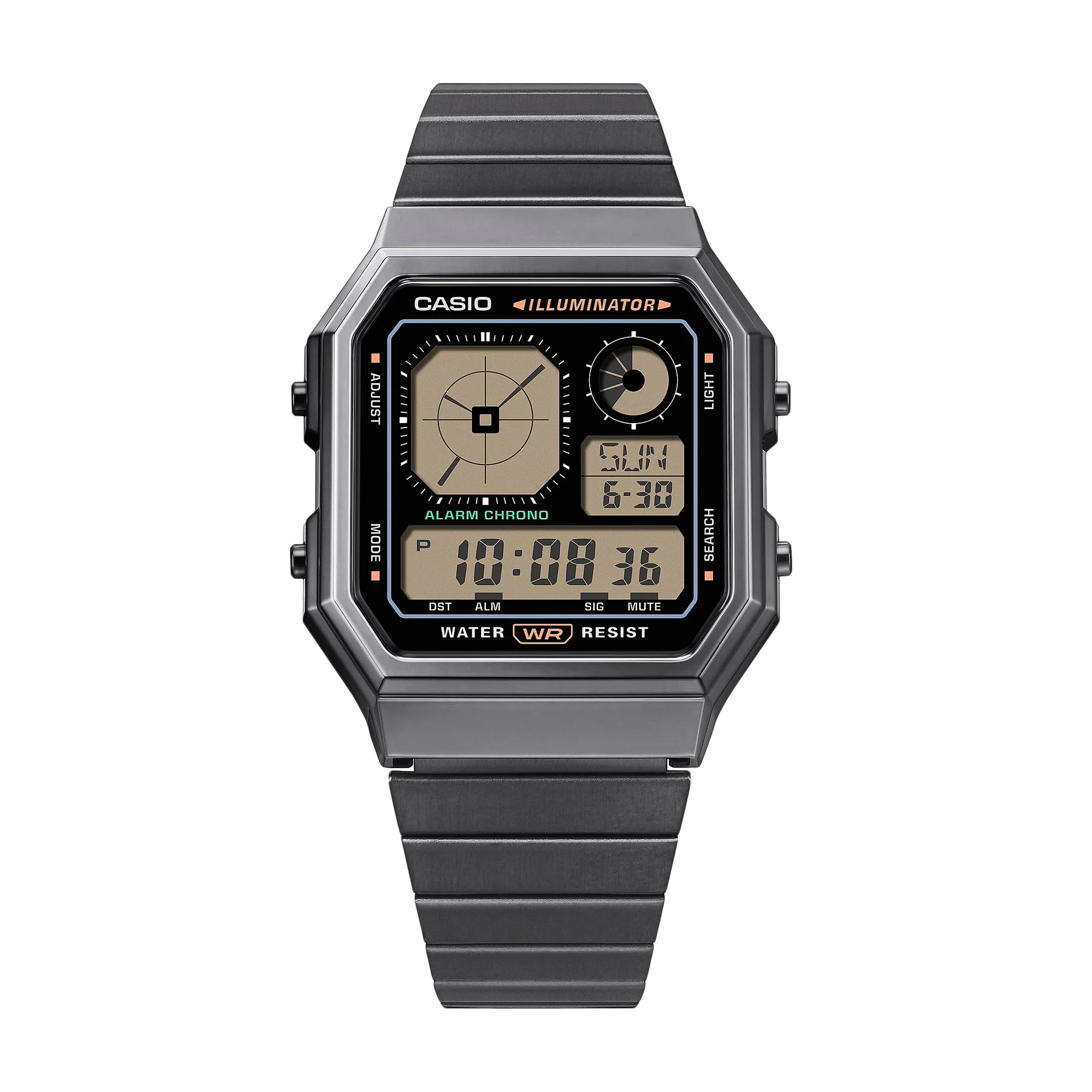 Casio Vintage Stylish Octagon Black Face S/Steel Band A130WEGG-1A