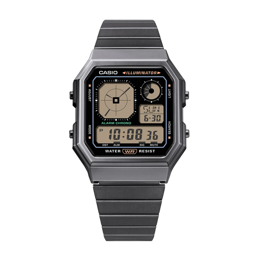 Casio Vintage Stylish Octagon Black Face S/Steel Band A130WEGG-1A