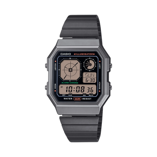 Casio Vintage Stylish Octagon Black Face S/Steel Band A130WEGG-1A