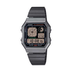 Casio Vintage Stylish Octagon Black Face S/Steel Band A130WEGG-1A