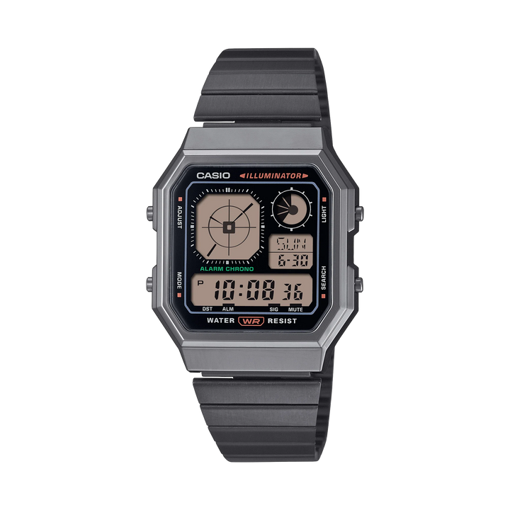 Casio Vintage Stylish Octagon Black Face S/Steel Band A130WEGG-1A