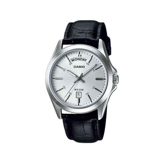 Casio Analogue Silver Face, Black Leather Band MTP1370L-7A