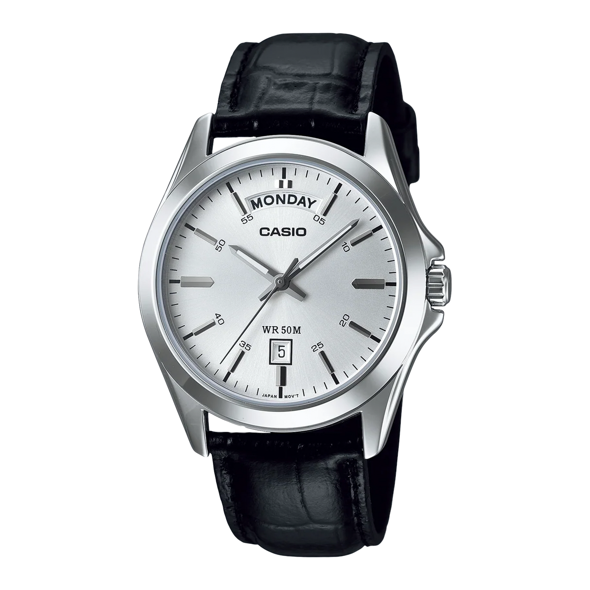 Casio Analogue Silver Face, Black Leather Band MTP1370L-7A