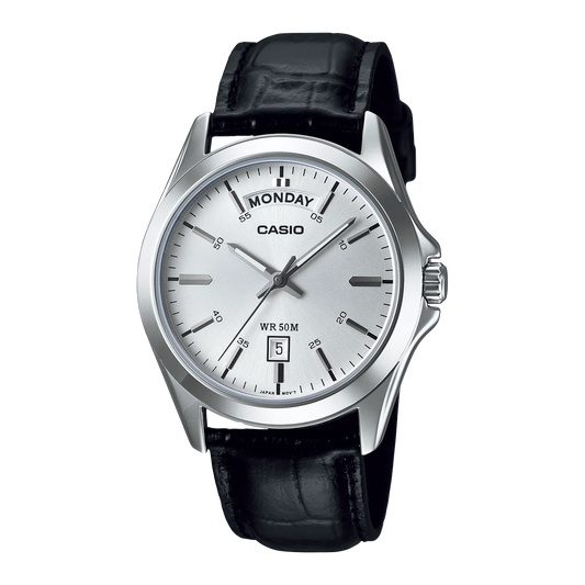Casio Analogue Silver Face, Black Leather Band MTP1370L-7A