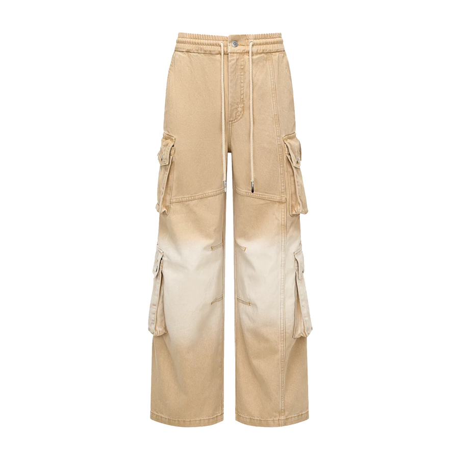 Feng Chen Wang Gradient Washed Denim Cargo Pants Beige