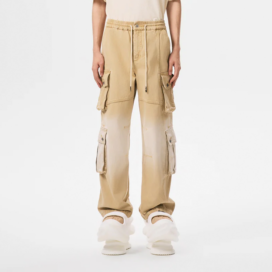 Feng Chen Wang Gradient Washed Denim Cargo Pants Beige