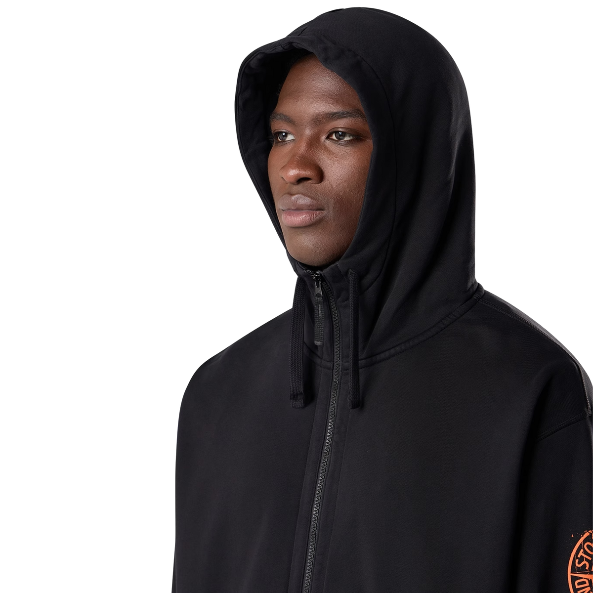 Stone Island Zip Hoodie Orange Logo 6100009 S0467 Black