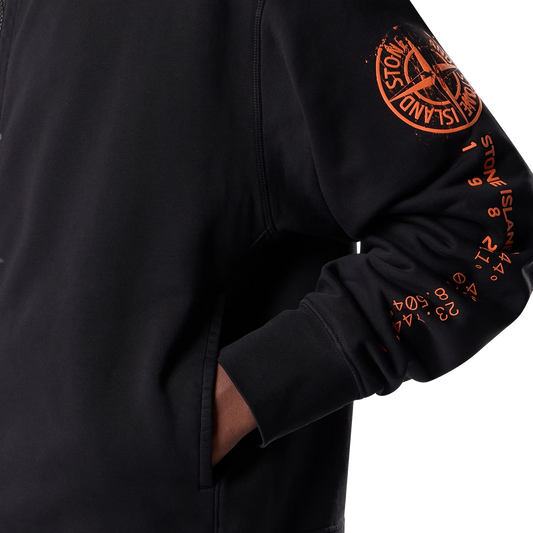 Stone Island Zip Hoodie Orange Logo 6100009 S0467 Black