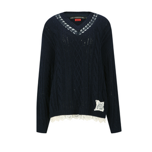 Andersson Bell Women's Lace Chunky V-Neck Knit Navy ATB1260W