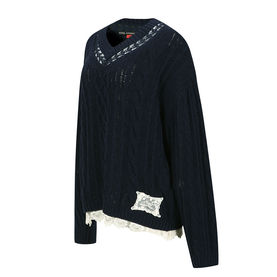 Andersson Bell Women's Lace Chunky V-Neck Knit Navy ATB1260W