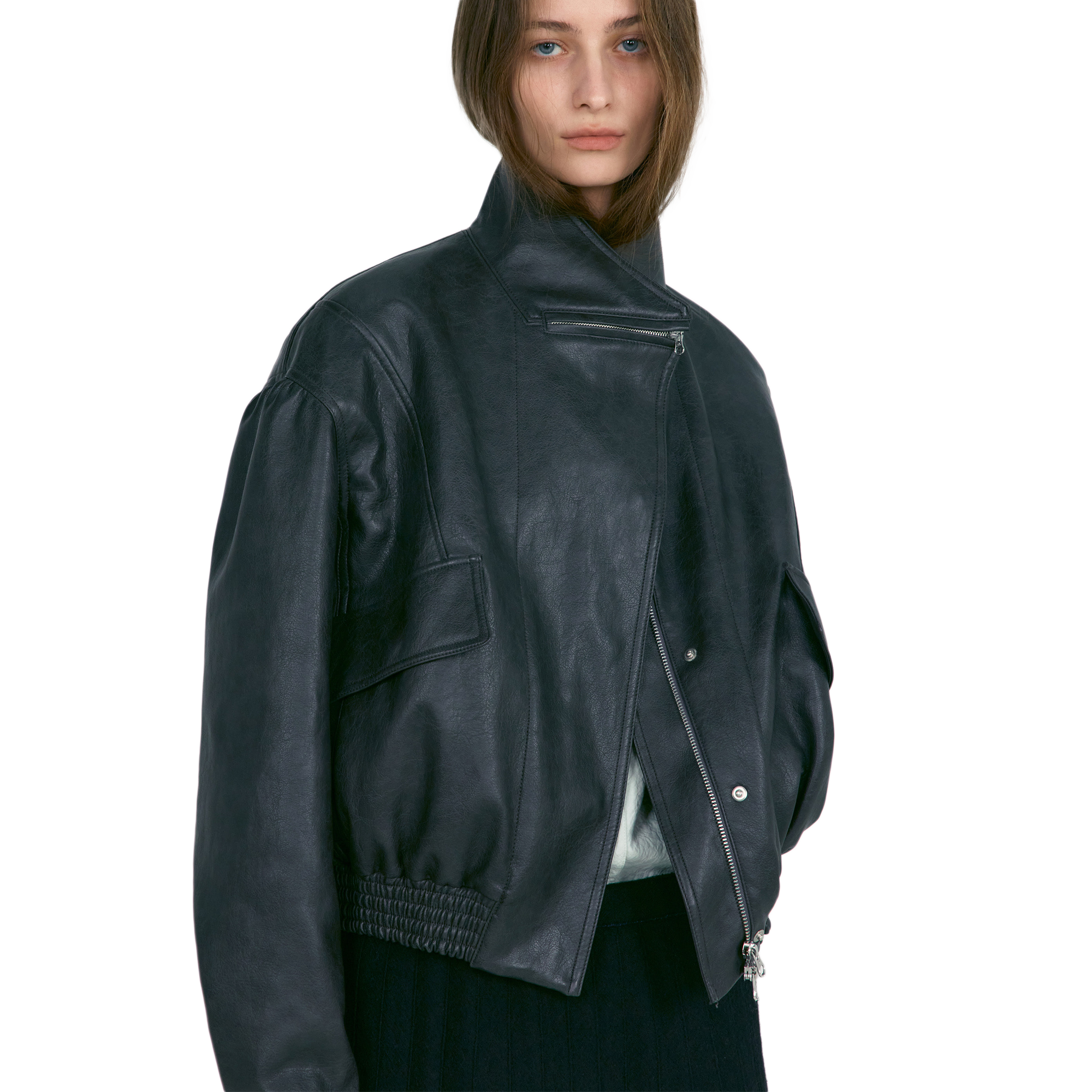 Low Classic Women's Leather Short Jacket Charcoal